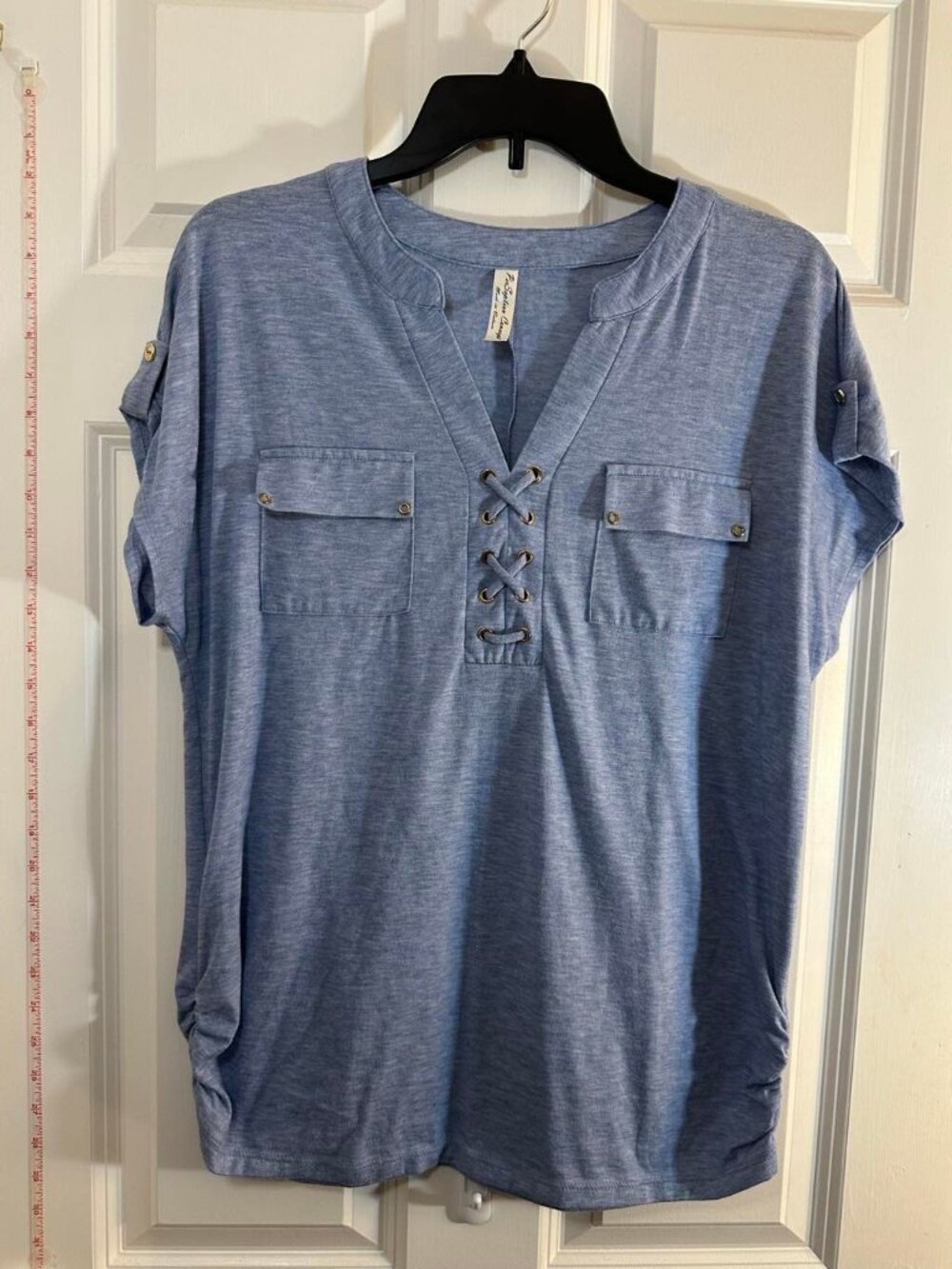 PerSeption Concept Chambray Blue Lace Up Grommet Pocket Knit Top Ruched L